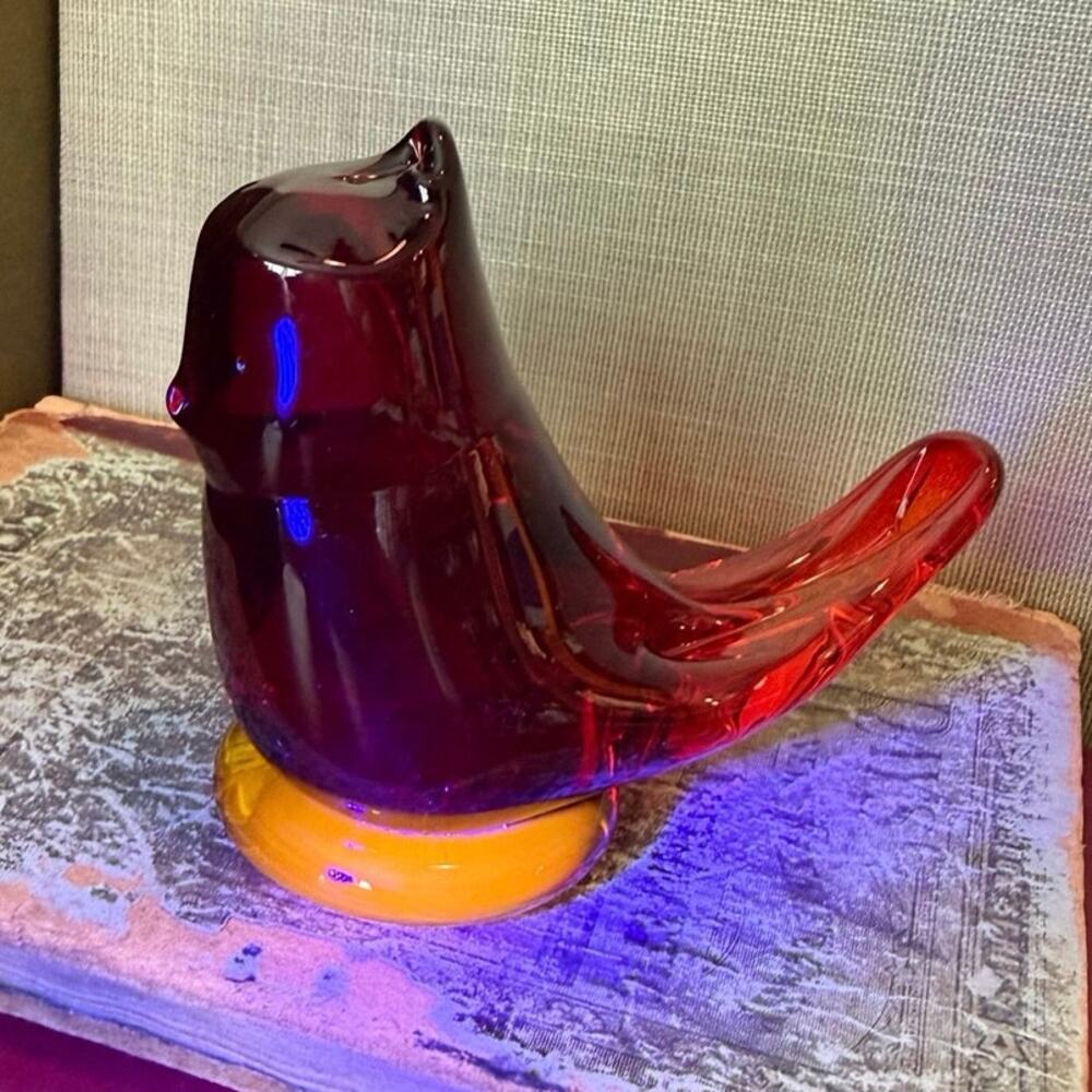 Glass Cardinal Figurine • Cadmium Glow • Red Art Glass Bird • 4” • Mid‑Century
